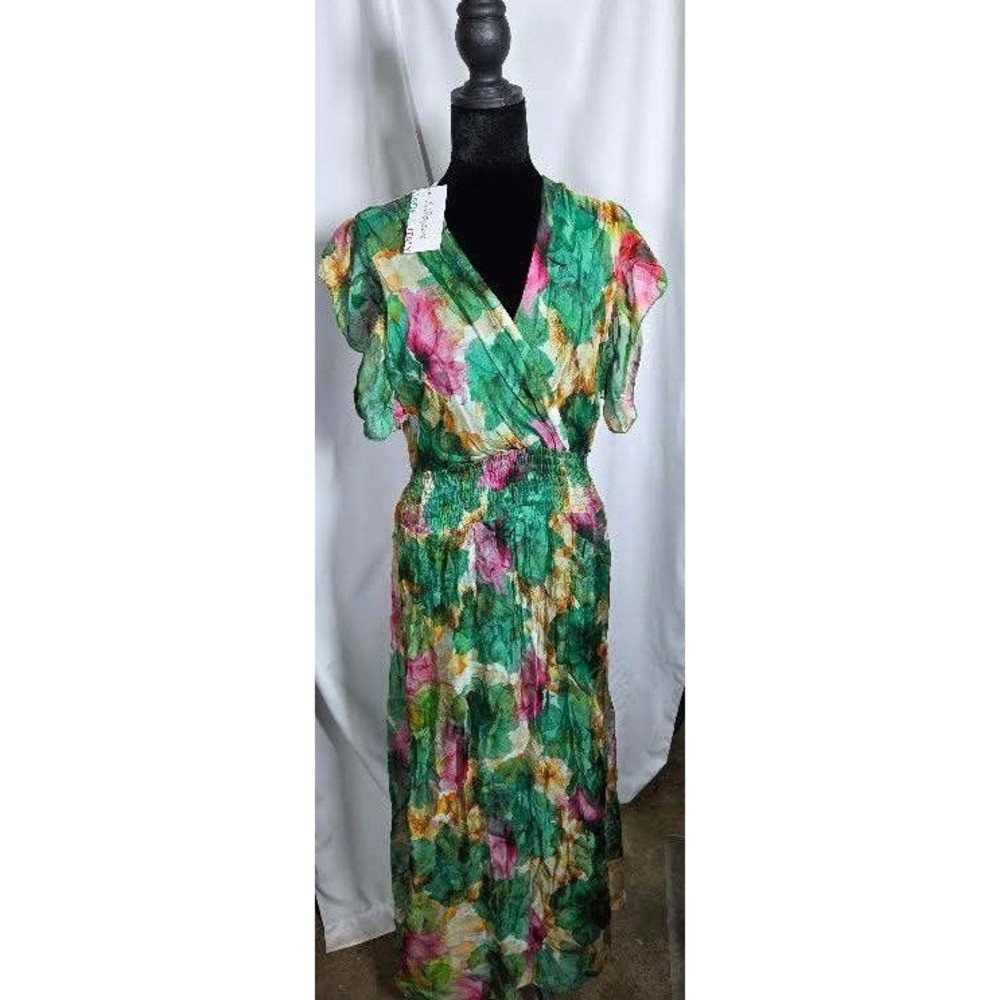 Le Ragazze Made In Italy Floral Maxi Dress Green Pink Smocked Waist Medium NWT